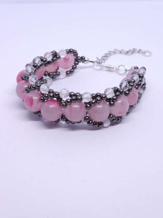 Flat Spiral Bracelet - Ice Rhodonite & Clear Quartz