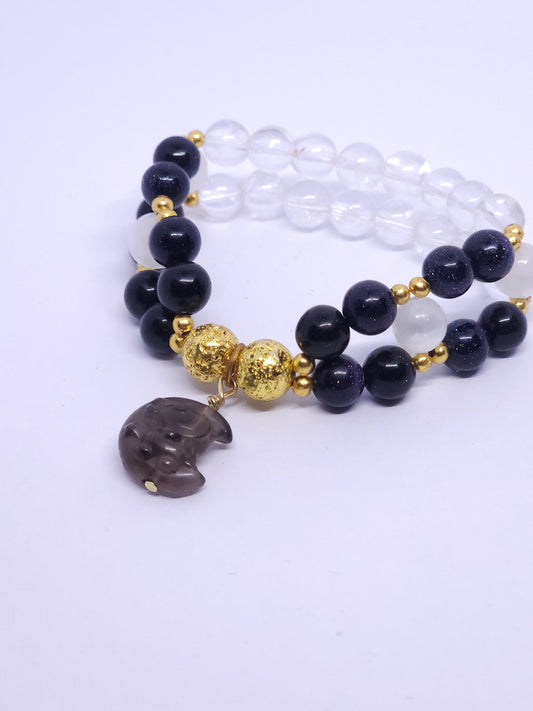 Astronaut - Blue Sandstone , Selenite & Clear Quartz Double Bracelet
