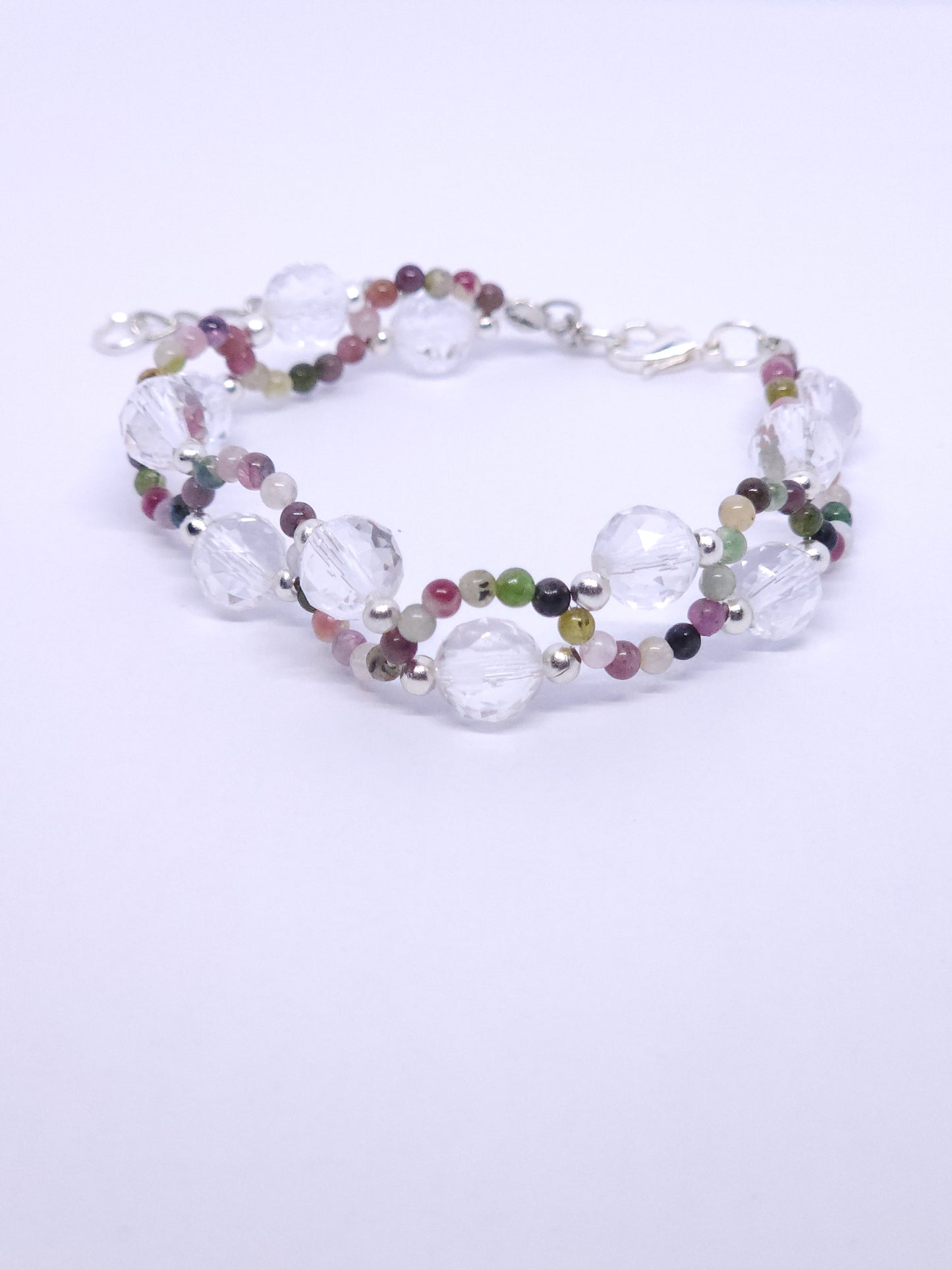 Clear Quartz & Watermelon Tourmaline Wave Bracelet