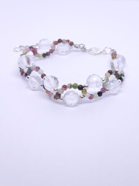 Clear Quartz & Watermelon Tourmaline Wave Bracelet