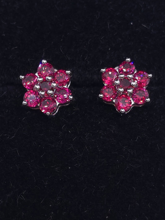 S925 - Pink Garnet Flower Earrings